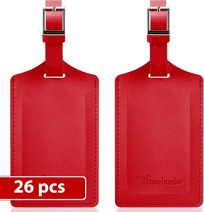 Travelambo Luggage Tags for Suitcases Faux Leather Privacy Protection 26 Pack Bag Tags Travel Accessories Essential, Deep Red