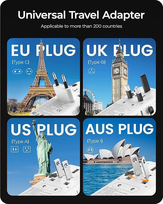 LENCENT 85W Universal Travel Adapter with Retractable USB C Cable, GaN International Plug Adapter with 3 Type C &1 USB A Ports Fast Charging, Worldwide Outlet Converter for US to European EU UK AUS