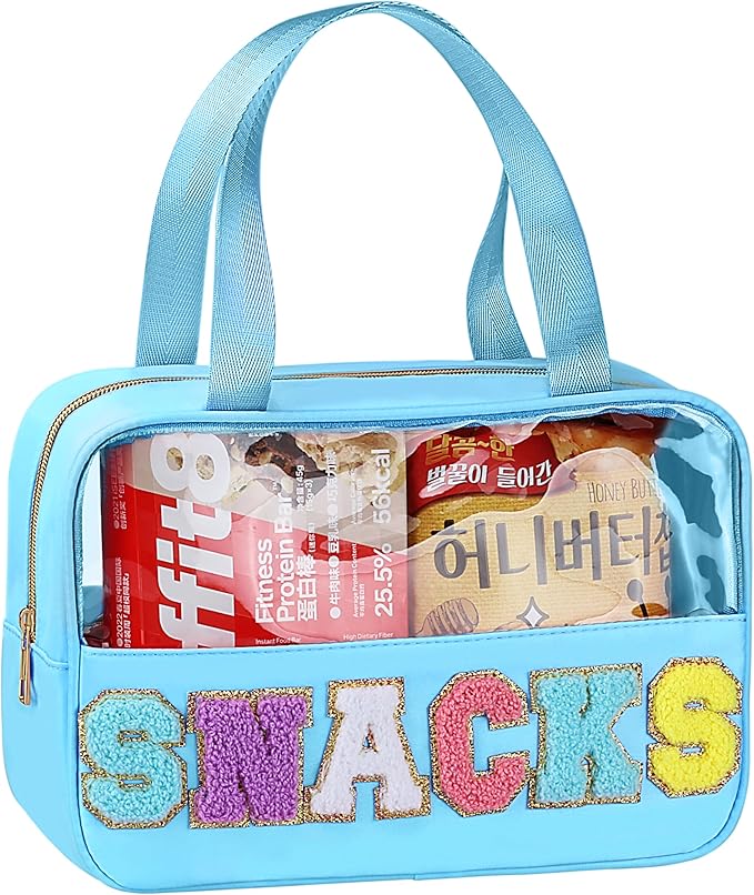 Snack Bag for Travel - Chenille Letter Clear Makeup Bag, Large Preppy Patch Snack Cosmetic Bag with Handle and Zipper, Cute Makeup Pouch Nylon&PVC Waterproof Toiletry Organizer Storage for Women Girls