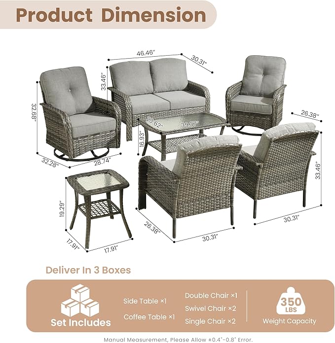 HOOOWOOO Patio Furniture Set,7 Pieces Outdoor Conversation Set,All Weather Wicker Loveseat Sofa Set with High Back Swivel Rocking Chairs Tables,Dark Gray