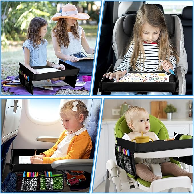Children Auto Lap Pad - Travel Tray Tablet Holder，Car Seat Lap Tray for Toddlers, Kids，Use on Airplanes, Road Trips, Lap Desk，Tablet Holder and Carry Bag (Black)
