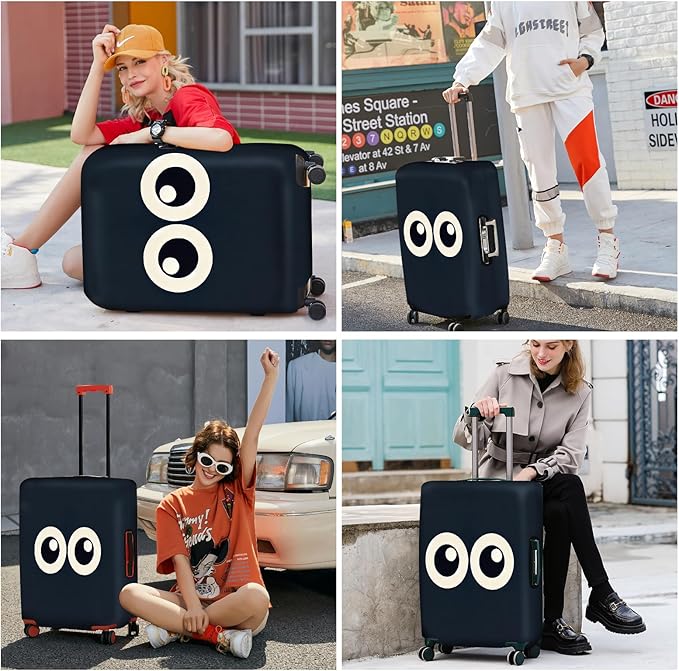 ANNA QUEEN Navy Blue Cartoon Eyes Luggage Cover, Funny Suitcase Protector for 20-22 Inch Luggage, Stretchable & Washable Travel Cover, Cute, Durable & Easy to Spot