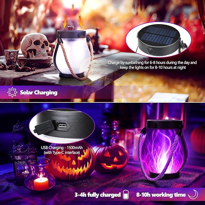 Halloween Solar Flame Lantern Hanging Outdoor Waterproof Purple - 2 Pack Flame Lanterns with Dual Charging Modes of Solar & USB for Garden or Yard Halloween Decorations (Purple - 2 Pack)