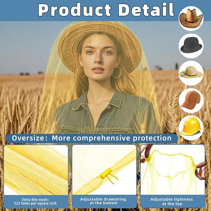 Oversized Mosquito Net 42 x 25 Inches Ultra Large Mosquito Head Net Face Neck Fly Mesh Netting Fits All Hats for Outdoor Camping Hiking Fishing Gardening Safari(Yellow)