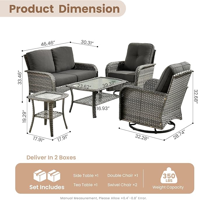 HOOOWOOO Patio Furniture Set,5 Pieces Outdoor Conversation Set,All Weather Wicker Loveseat Sofa Set with High Back Swivel Rocking Chairs Tables,Black