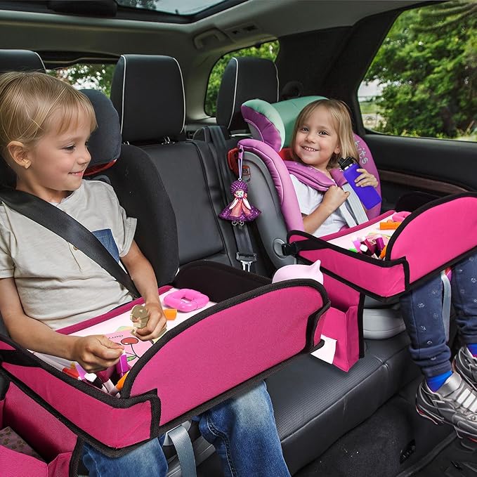 2Pcs ‎Kids Travel Tray, Kids Travel Trays for Car Seat, Road Trip Essentials for Toddler, Carseat Lap Tray with Dry Erase Board & Storage Organizer for Road Trip Activities for Kid, Pink