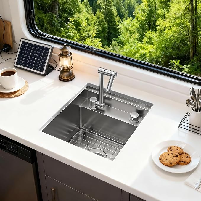 RV Sink 13x15x9, Compact Workstation Bar Sink with Foldable Faucet, Cutting Board & Stainless Steel Grid, Undermount Single Bowl Camper Sink