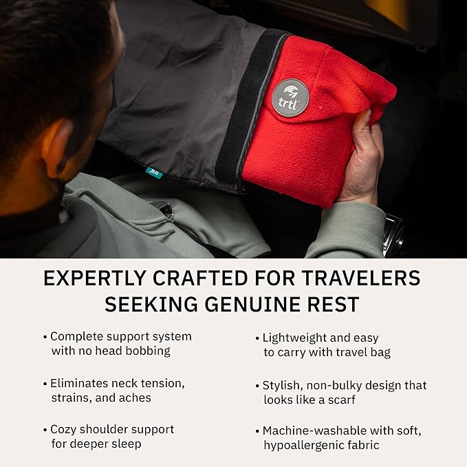 trtl Pillow - Scientifically Proven Super Soft Neck Support Travel Pillow - Machine Washable - Red