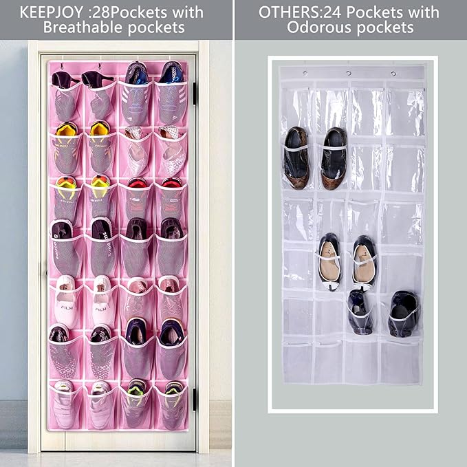KEEPJOY 28 Pockets Hanging Shoe Organizer, Over the Door Shoe Organizer, Hanging Door Shoe Holder Rack with Mesh Pockets Large Size 65 x 23 Inch (Pink-1Pack)