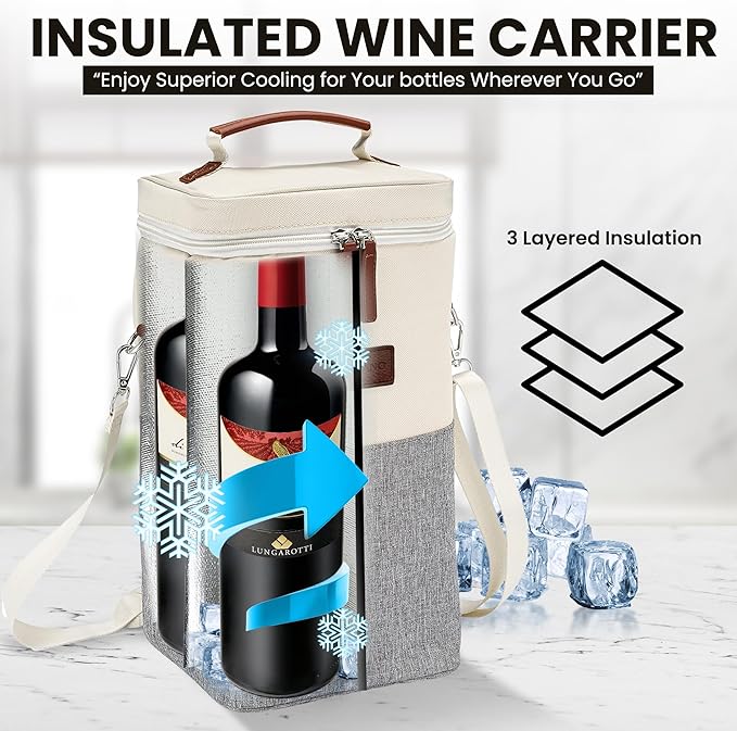 Insulated Wine Bag Cooler – Beige and Gray, Holds 4 Bottles, Wine Opener, Shoulder Strap, Expandable Zipper, 7.8 x 5 x 15 inches, Perfect for Travel & Picnic