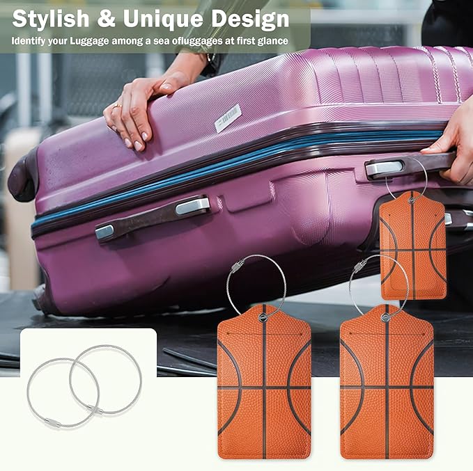 2 Pcs Basketball Texture Luggage Tags,Cruise Luggage Tag with Privacy Flap,Name Id Label and Steel Loop for Women Men Travel Bag Suitcase