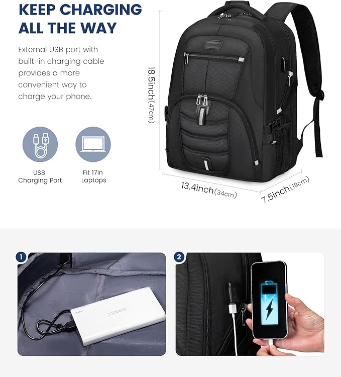 LOVEVOOK Travel Laptop Backpack Waterproof Anti Theft with Lock and USB Charging Port Large Computer Business Backpack for Men College Students (17 inch, Black)