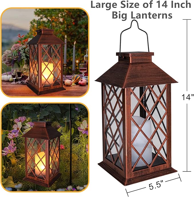 TAKE ME 14" Solar Lanterns Outdoor Garden Hanging Lantern Waterproof LED Flickering Flameless Candle Mission Lights for Table,Outdoor,Party