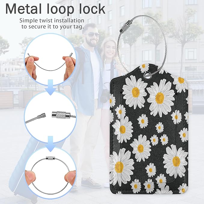 Daisies Luggage Tags,2 Pack Luggage Tag,Leather Privacy Cover ID Label with Stainless Steel Loop for Women Men Kids Girls Travel