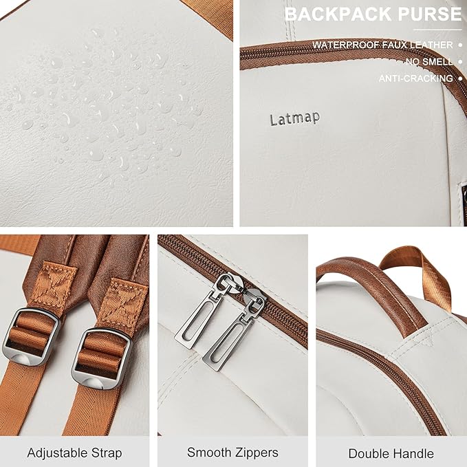30L Business Laptop Backpack for Women Men, Travel Work Backpack Purse Faux Leather College Bookbag fits 15.6" Laptop - Beige