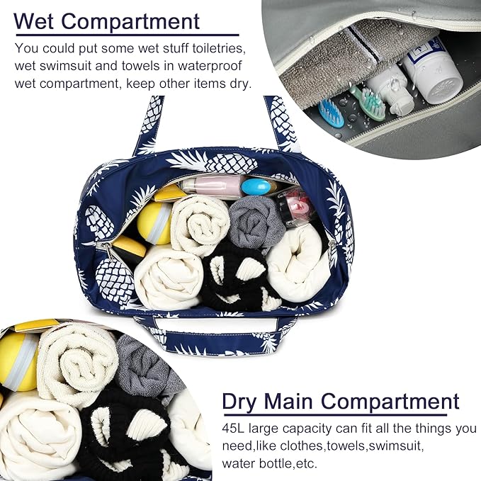 LEDAOU Large Beach Tote Bag Women Waterproof Sandproof Zipper Beach Tote Bag for Pool Gym Grocery Travel with Wet Pocket