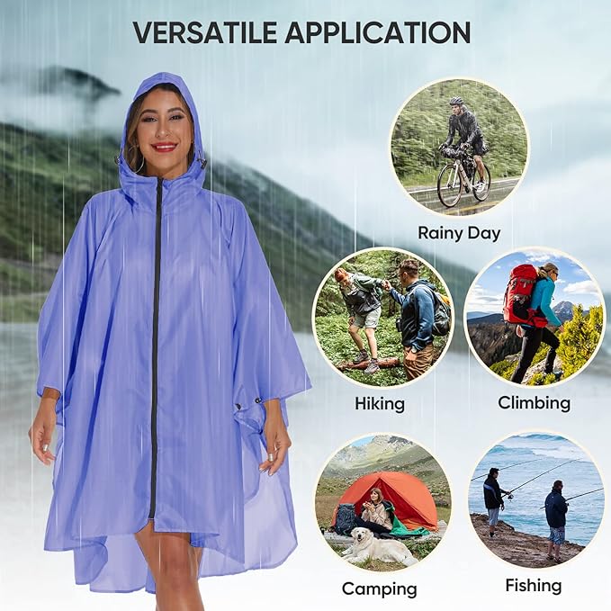 PTEROMY Hooded Rain Poncho for Adult with Pocket and Zipper, Waterproof Lightweight Raincoat for Men and Women