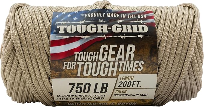 TOUGH-GRID 750 Paracord Rope Nylon Parachute Cord, Made in USA Survival Kit, Outdoor Adventures, Camping, Tactical Gear & Emergency Supplies, Military Type IV Mil-Spec