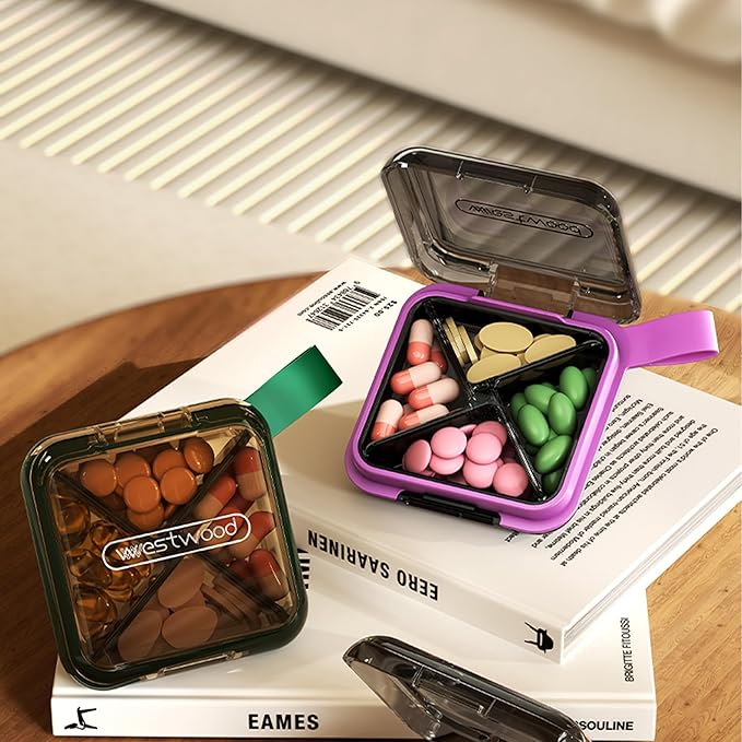 1 Pack Purple Pill Organizer with Strap, 4 Compartments, Compact Travel Pill Box Case, Portable and Moistureproof to Store Vitamins, Medication and Supplements