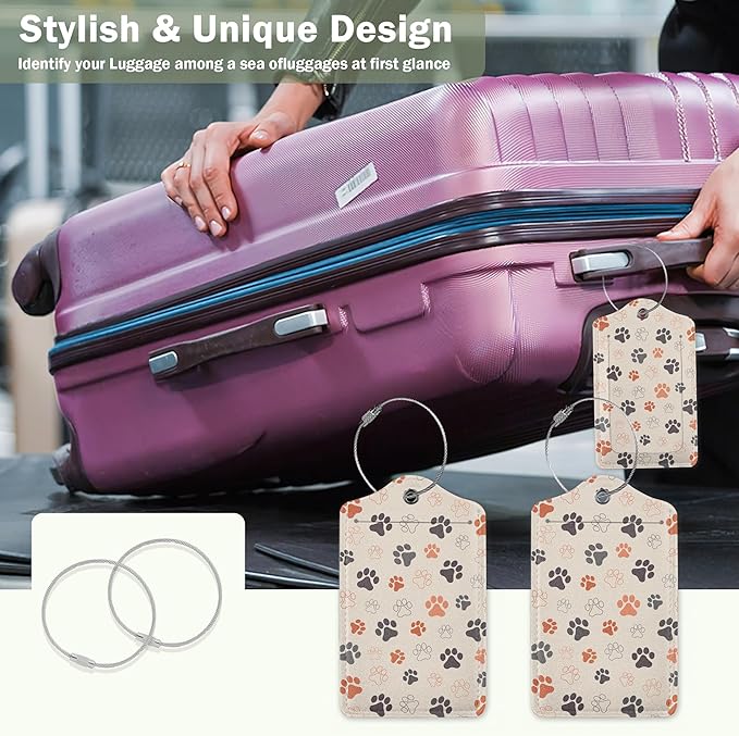 2 Pack Luggage Tags for Suitcase,Dog Cat Paws Leather Luggage Tag Bag Tags Identifiers Privacy Cover Id Label with Steel Loop for Women Men Girls Boys Travel