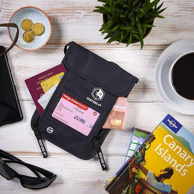 VENTURE 4TH Passport Holder Neck Wallet with RFID Blocking Nylon Lining - Hidden Neck Pouch for Travel (Pure Black)