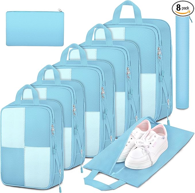 8 Set Compression Packing Cubes Travel, Lightweight Expandable Travel Cubes Suitcase Organizer for Carry On Luggage Suitcase, Light Blue