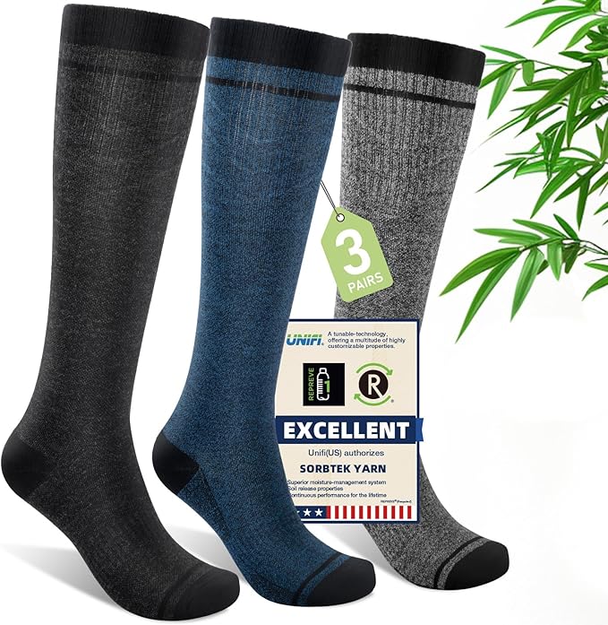 Mens Compression Socks for Men Women, 15-20 mmHg Bamboo Viscose Knee High Soft Support for Travel Daily