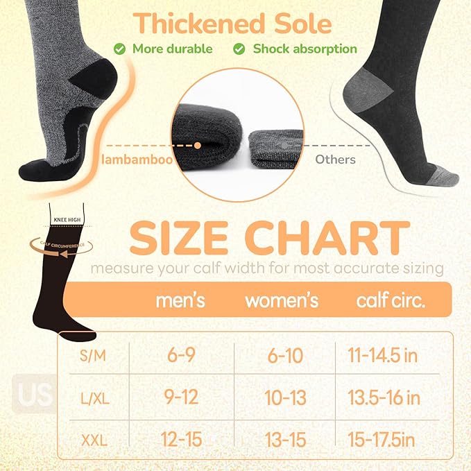 Merino Wool Compression Socks for Women Men, 15-20 mmHg Knee High Socks for Flying, Travel, Running