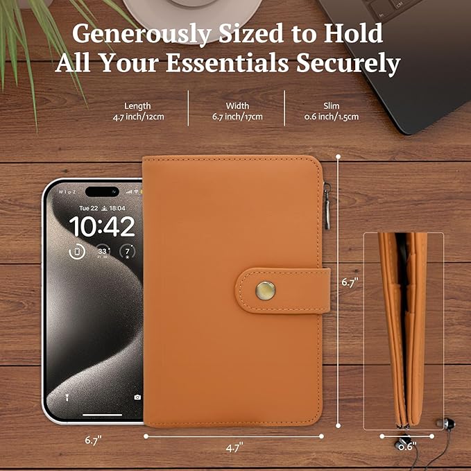 Full Grain Leather Passport Wallet, RFID Blocking Passport Holder with AirTag Slot, Multi Compartment Travel Wallet for Women & Men, Secure Passport Cover Case for Airport Essentials (Brown)