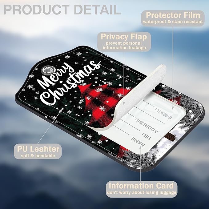 2 Pcs Red and Black Checkered Christmas Tree Luggage Tags for Suitcases PU Leather Truck Baggage Tags Name ID Label with Privacy Cover and Stainless Steel Loop for Men Women Travel Bag Suitcase