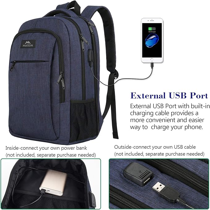 MATEIN Large College Backpack, Sturdy Computer Backpack with USB Charging Port Fits 17 inch Notebook, Carryon Luggage Travel Laptop Bag for Business Men and Women Christmas New Year Gift, Blue