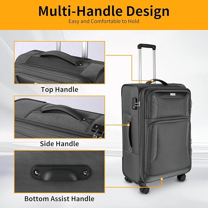 3-Piece Softside Expandable Luggage Set with Front Open Pocket, Lightweight and Durable Oxford Fabric Suitcase Set with TSA Lock (Gray, 20in/24in/28in)