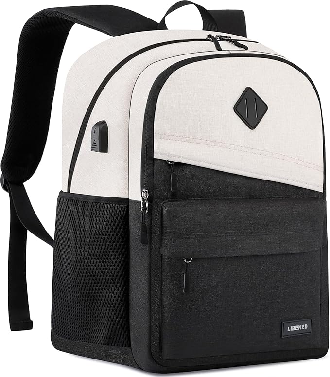 Backpack for Women, School Backpack with USB Charging Port for Teen Girls, 15.6 inch High College Bookbag Laptop Back Pack with Anti theft Water Resistant, Beige