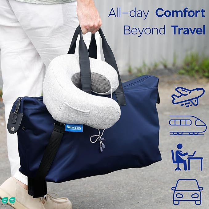 Travel Pillow with Bag – Compact Memory Foam Neck Pillow for Airplane, Car and Office – Ergonomic Design for Travel Comfort and Shoulder & Neck Support