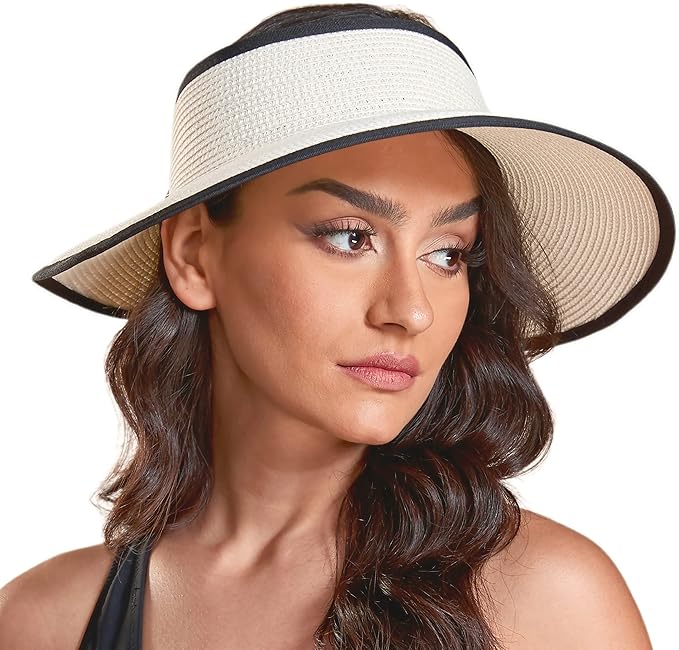 Joywant Womens Sun Visor Hats, Packable Wide Brim Ponytail Beach Hat Straw Visor Summer Beach Vacation Essentials for Womens