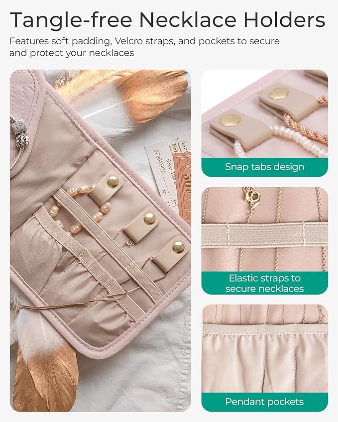 BAGSMART Travel Jewelry Organizer Case Foldable Jewelry Roll for Journey Rings, Necklaces, Earrings, Bracelets,Mini,Soft Pink