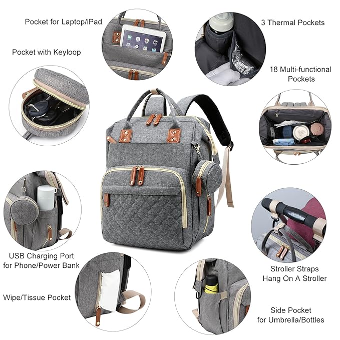 Diaper Bag, Backpack with Changing Station, Waterproof Baby Bag for Boys & Girls, USB Charging Port for Parents, Travel Backpack Baby Essentials & Lovely Baby Shower Gifts, Grey