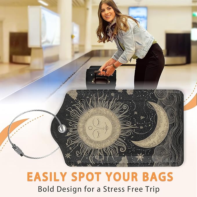 Vintage Boho Sun and Moon 3 PCS Luggage Tags, Leather Suitcase Tags with Privacy Cover Name Address Labels and Durable Steel Loop for Men/Women Travel Bag Suitcases