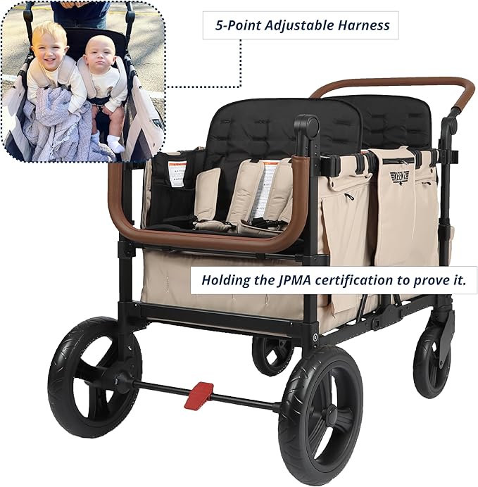 Keenz VYOO Stroller Wagon with Canopy - Foldable Design for Easy Storage, 5 Seating Positions for Kids, Enhanced Child Safety, All-Terrain Mobility, 4-Passangers, Mocha