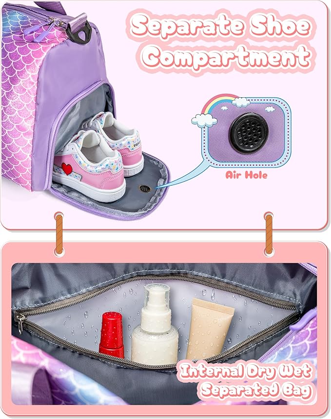 Gifts for 3 4 5 6 7 8 9 10 Year Old Girls-Girl Gym Bag with Shoe Compartment, Kid Personalized Weekender Overnight Bags, Initial Travel Tote with Makeup Pouch, Gift Ideas for Kids (Letter M)