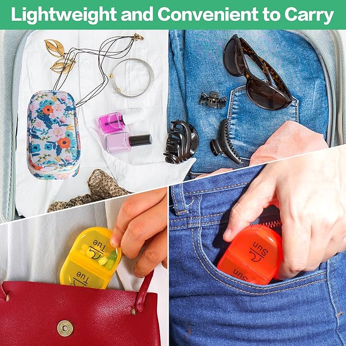 Serfeymi Weekly Travel Pill Organizer 2 Times A Day AM PM Rainbow Pill Box 7 Day with Zipper Canvas Pill Case, Medicine Organizer for Pills, Vitamins, Fish Oils - Black 02 + Bloom 01