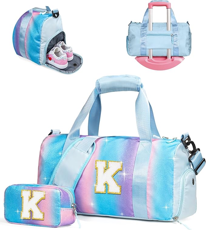 Girls Cheer Up Gifts-Girl Gym Bag with Shoe Compartment, Kid Personalized Weekender Overnight Bags, Initial Travel Tote with Makeup Pouch, Graduation Gift for Niece Kids Daughter (Letter K)