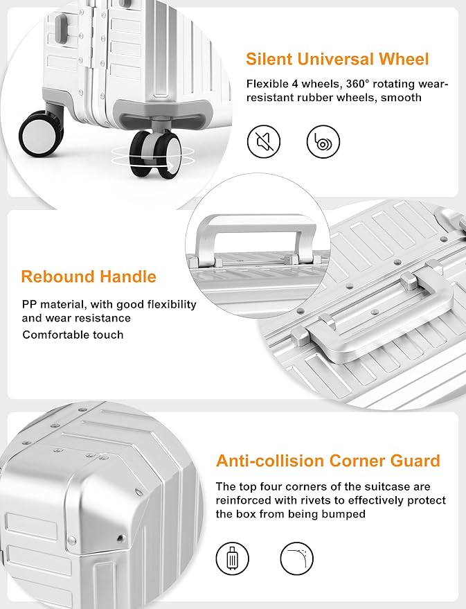Mvst Luggage Premium All Aluminum Magnesium Carry On 20'' Lightweight Metal,Suitcase with Spinner Wheels Built-in Toiletry Set, Luggage Protector（silvery） (Silver, 29inch)
