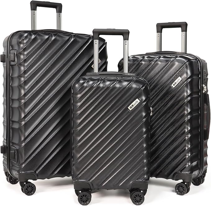 Hardshell Luggage Sets 3 Piece ABS+PC Travel Suitcase Hard Sided Luggage with Spinner Wheels Checked Luggage Durable Lightweight Hard Case Luggage (Black)