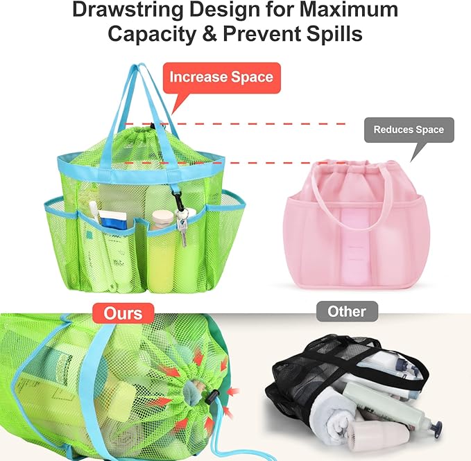 F-color Mesh Shower Caddy Portable with Drawstring - Upgrade Deeper 7 Pockets Dorm Room Essentials for Guys Girls with S Hook, Shower Bag Basket Tote for College Camping Toiletry Bathroom, Green