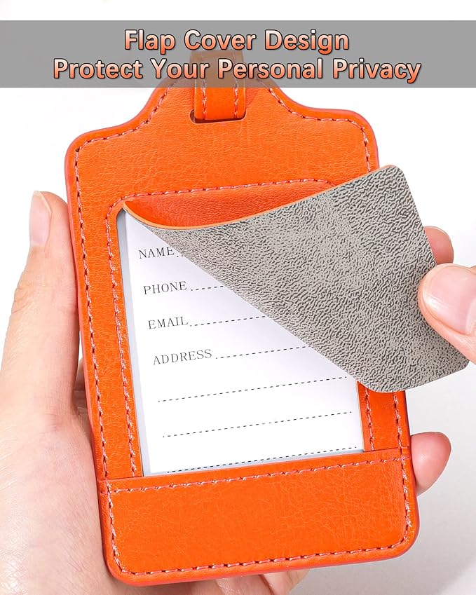 Teskyer Luggage Tags, 3 Pack Premium PU Leather Luggage Tags for Suitcases, Privacy Protection Travel Bag Tags, Orange