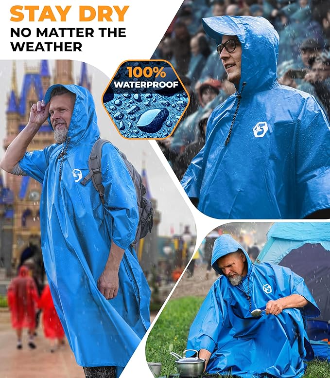 Foxelli Rain Poncho for Adults – Extra Long Reusable Waterproof Raincoat with Hood, Lightweight for Hiking, Camping, Outdoors