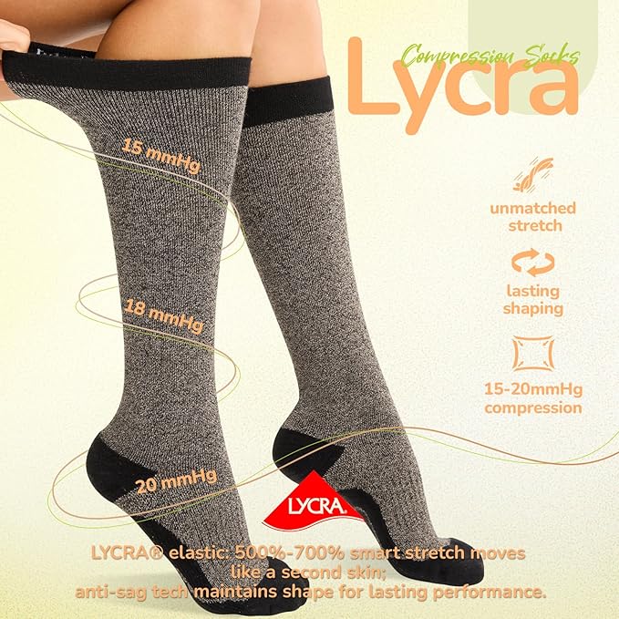 Merino Wool Compression Socks for Women Men, 15-20 mmHg Knee High Socks for Flying, Travel, Running