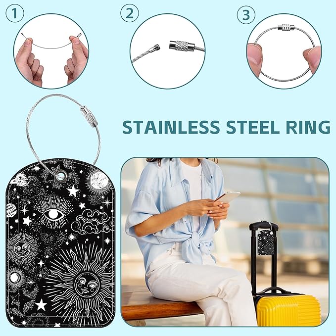 Sun Moon Luggage Tag for Suitcase Set of 2 PU Leather Cute Luggage Tags with Stainless Metal Loop ID Label Privacy Flap Suitcase Tags for Women and Men Travel