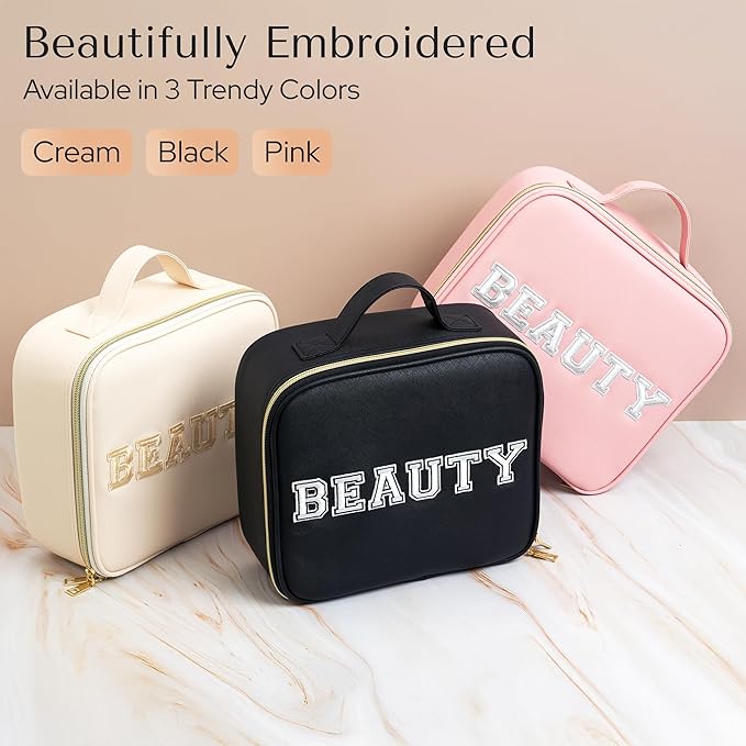 Makeup Bag with LED Mirror – Travel Cosmetic Organizer with Lighted Mirror, Adjustable Dividers & Brush Holder Storage – Portable PU Leather Makeup Case for Women & Girls - Black